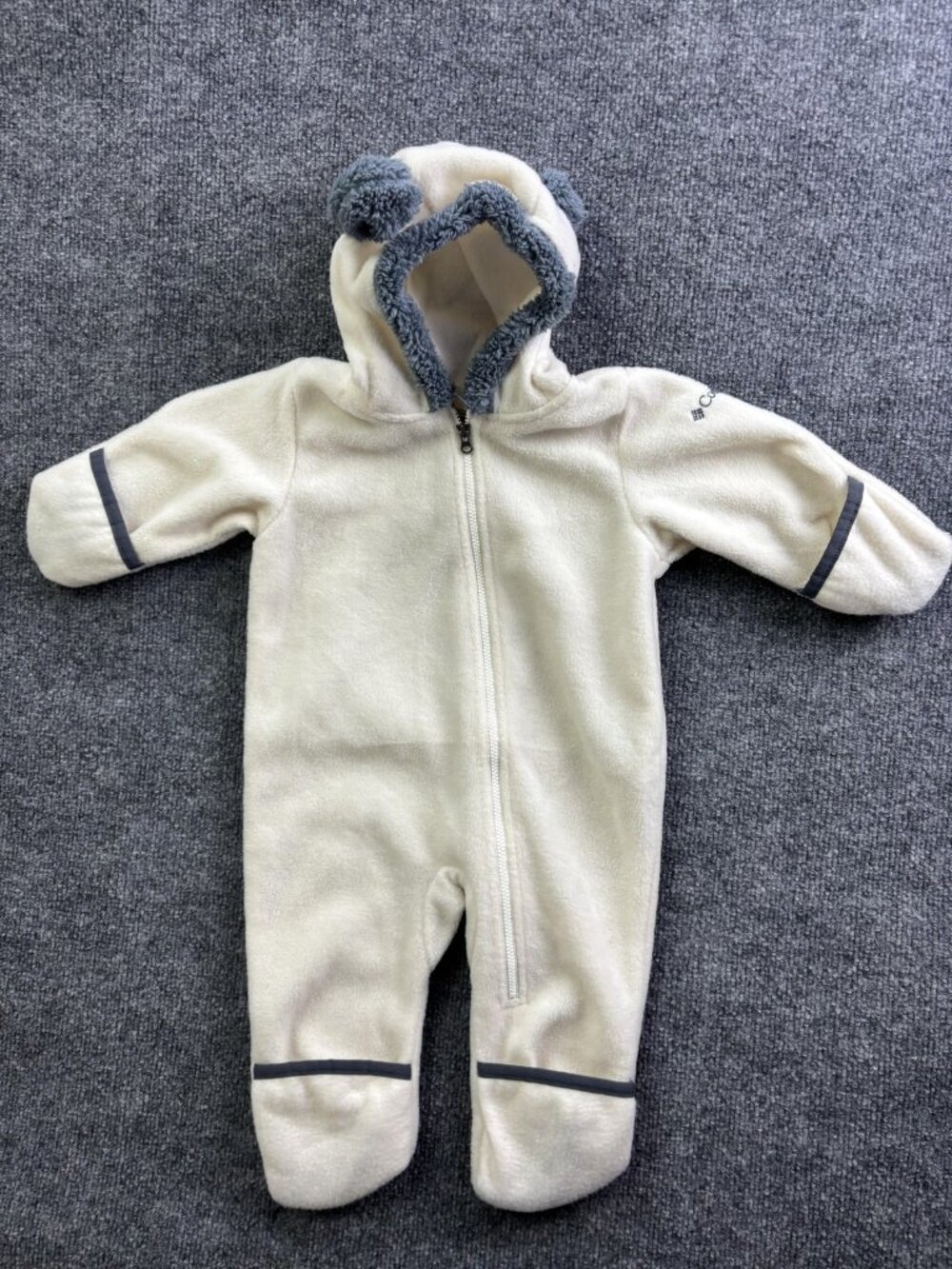 Columbia Snowsuit Girls 6-12 Months White Fleece Hooded Full Zip Pom Ears Winter